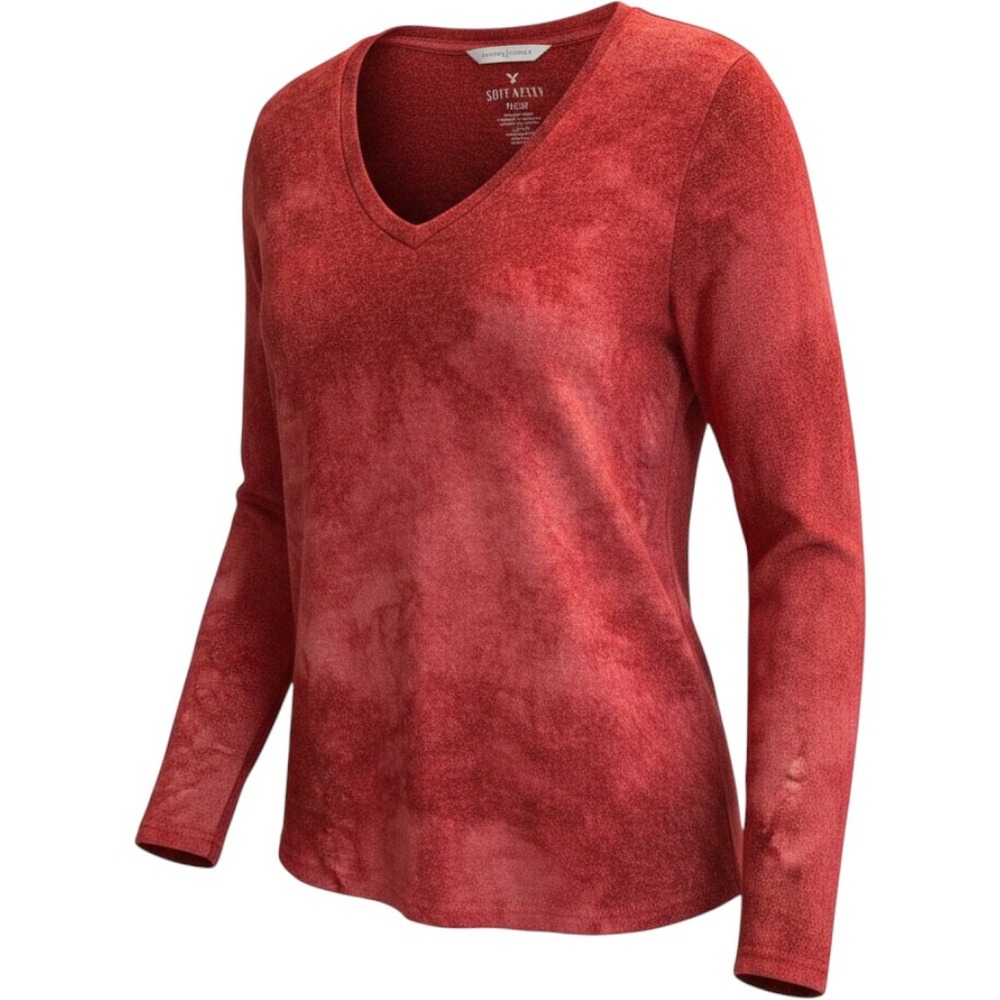 American Eagle Soft & Sexy Plush Red Acid Wash V-Neck Long Sleeve Top L